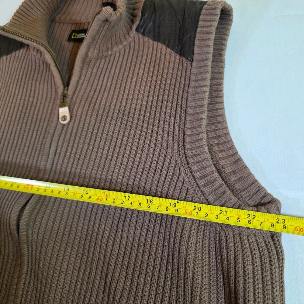 NATIONAL GEOGRAPHIC Men's XL Brown Cotton‎ Leather Chunky Ribbed Full Zip Vest - Picture 6 of 7